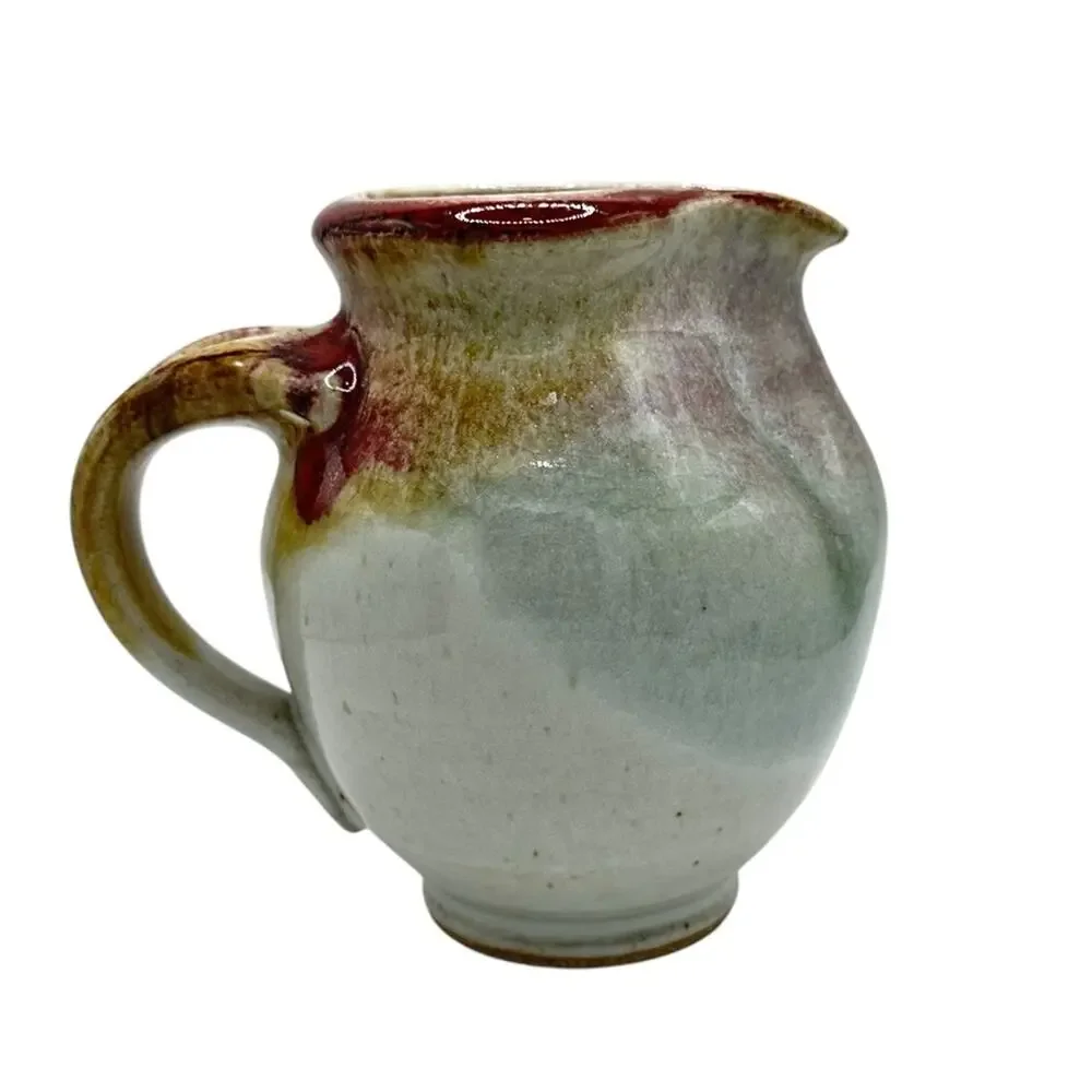 Stoneware Drip Glaze Creamer Pitcher Signed Pottery 12 0z
